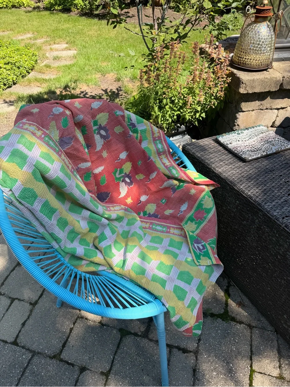 Vintage Indian Kantha Quilt Reversible Coral Floral Green Yellow Hand Stitched T